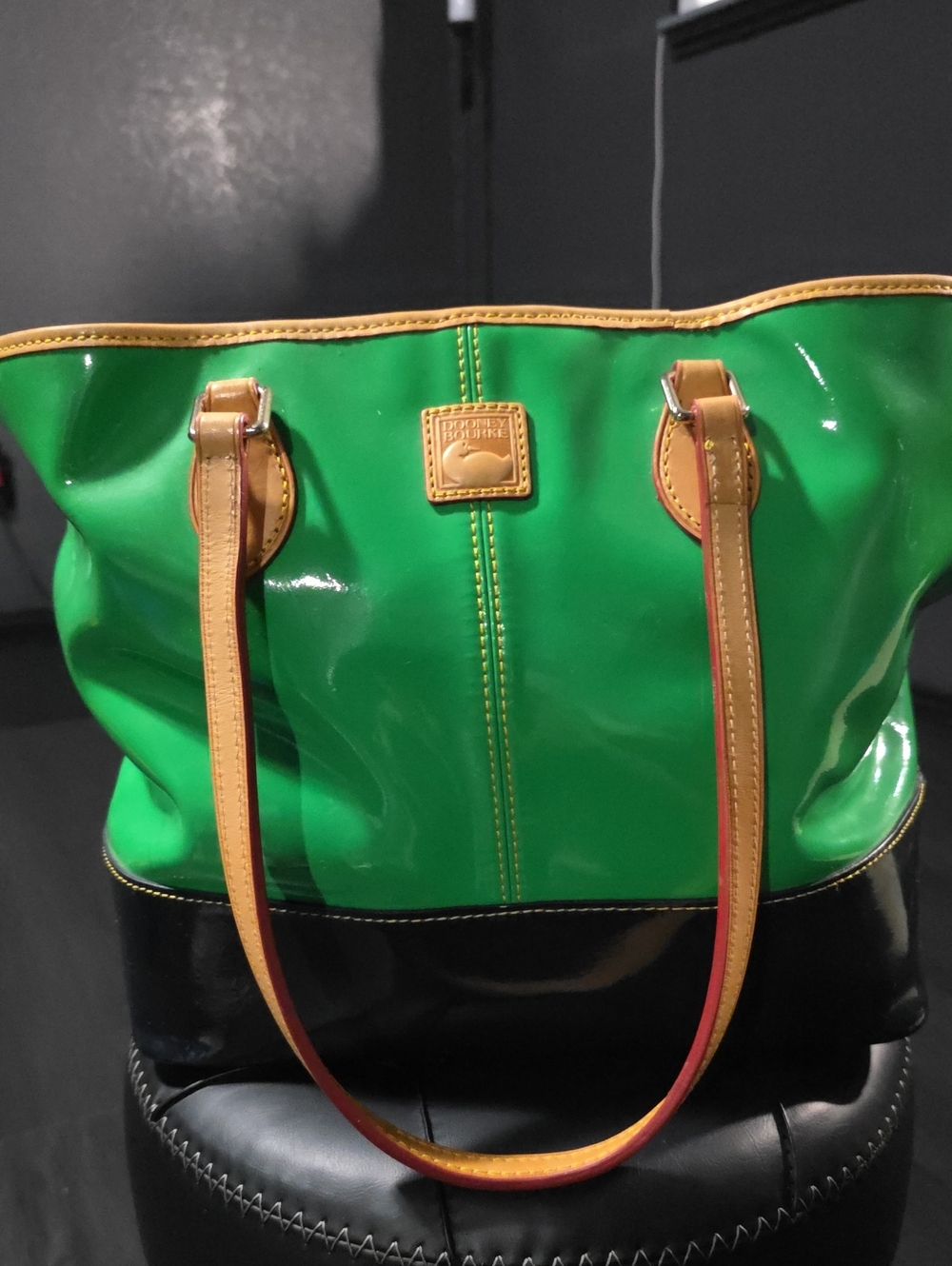 Dooney & Bourke Green Patent Tote with Tan Trim and Black Base